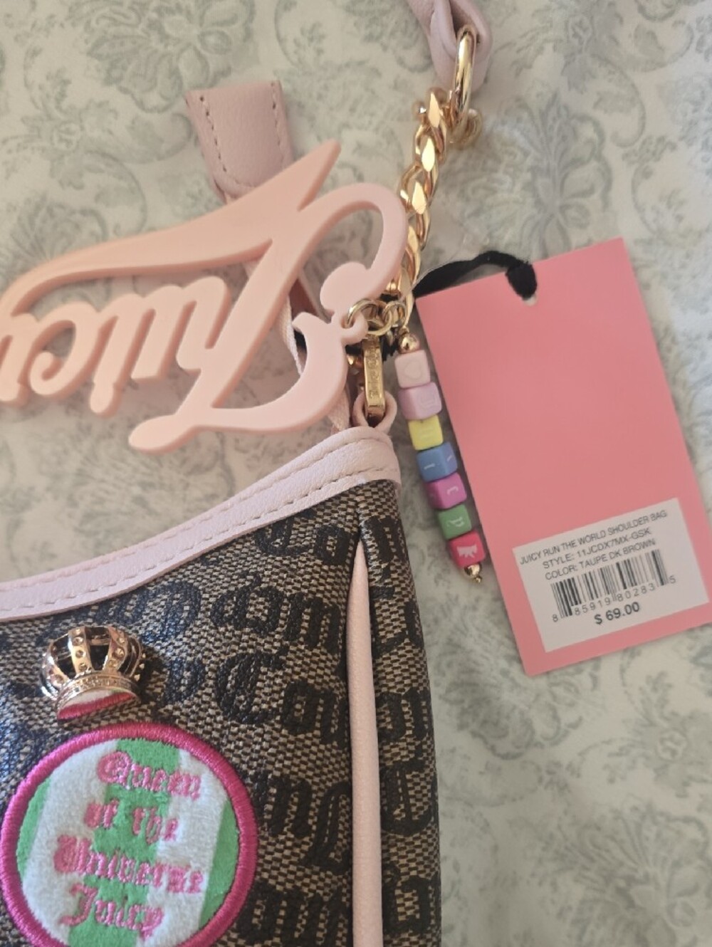 Juicy Couture Pink Patchwork Patch-Embroidered Womens Shoulder Bag - Picture 2 of 5